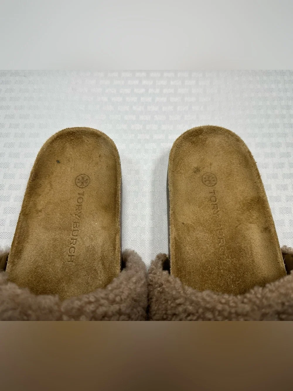 Tory Burch Slides Size 9.5 Double T Logo Shearling Flatform Almond Sherpa Cork